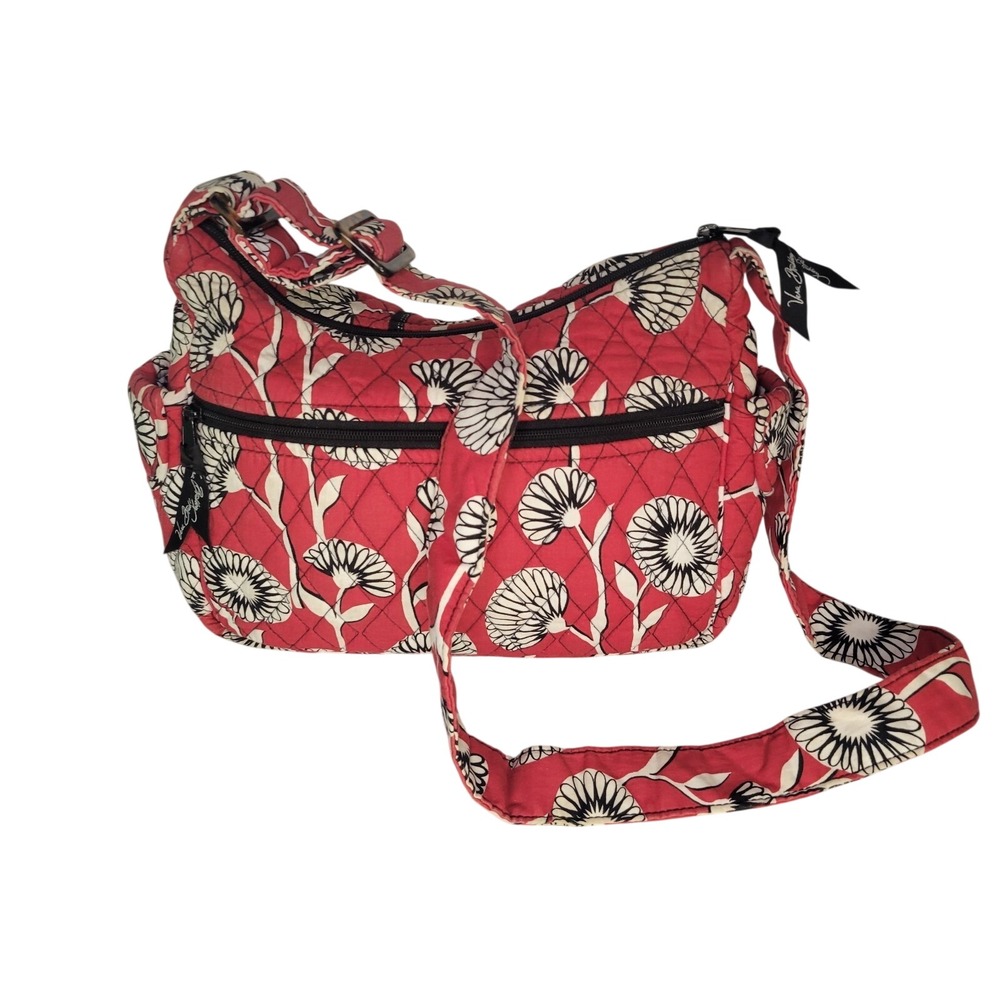 Vera Bradley Red Floral Quilted Cotton Crossbody Shoulder Bag Houndstooth Lining